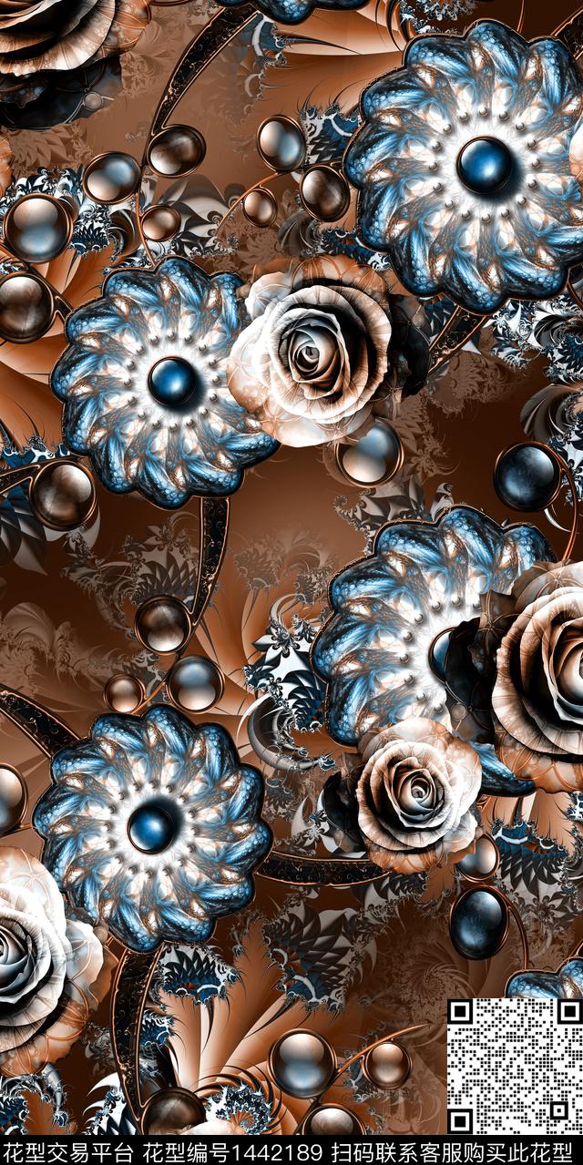 时尚花卉真丝数码印花华亿平台下载（图片编号: 1442189） - 瓦栏（Walan）