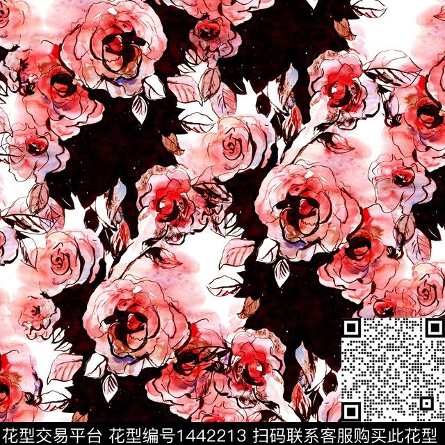玫瑰花大牌风水彩花卉数码印花华亿平台下载（图片编号: 1442213） - 瓦栏（Walan）
