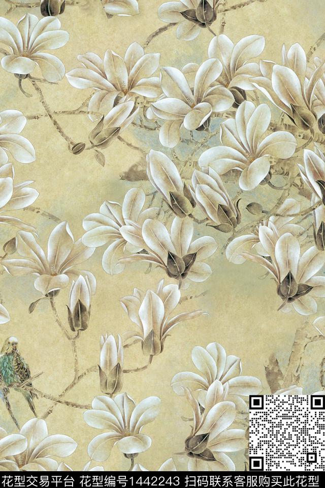 花鸟绿植树叶水墨风数码印花华亿平台下载（图片编号: 1442243） - 瓦栏（Walan）