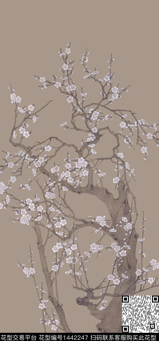 绿植树叶梅花水墨风数码印花华亿平台下载（图片编号: 1442247） - 瓦栏（Walan）