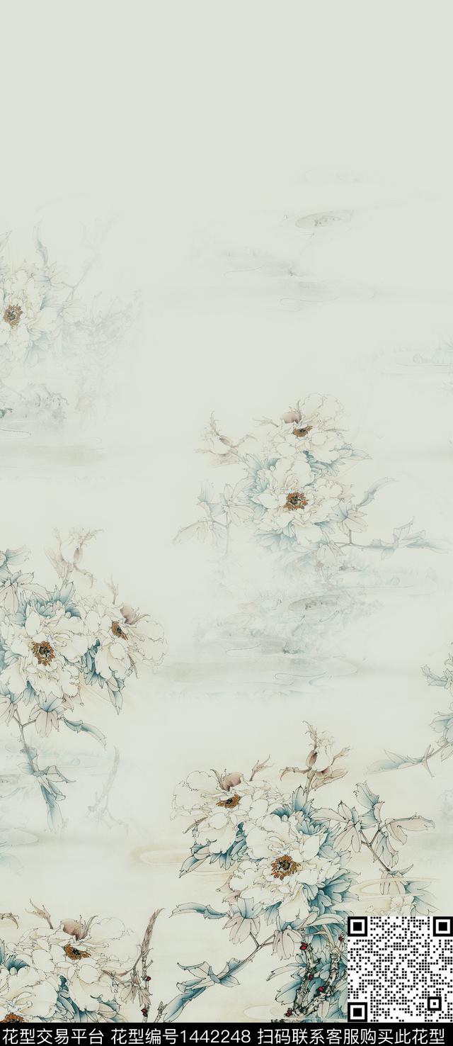 绿植树叶水墨风花卉数码印花华亿平台下载（图片编号: 1442248） - 瓦栏（Walan）