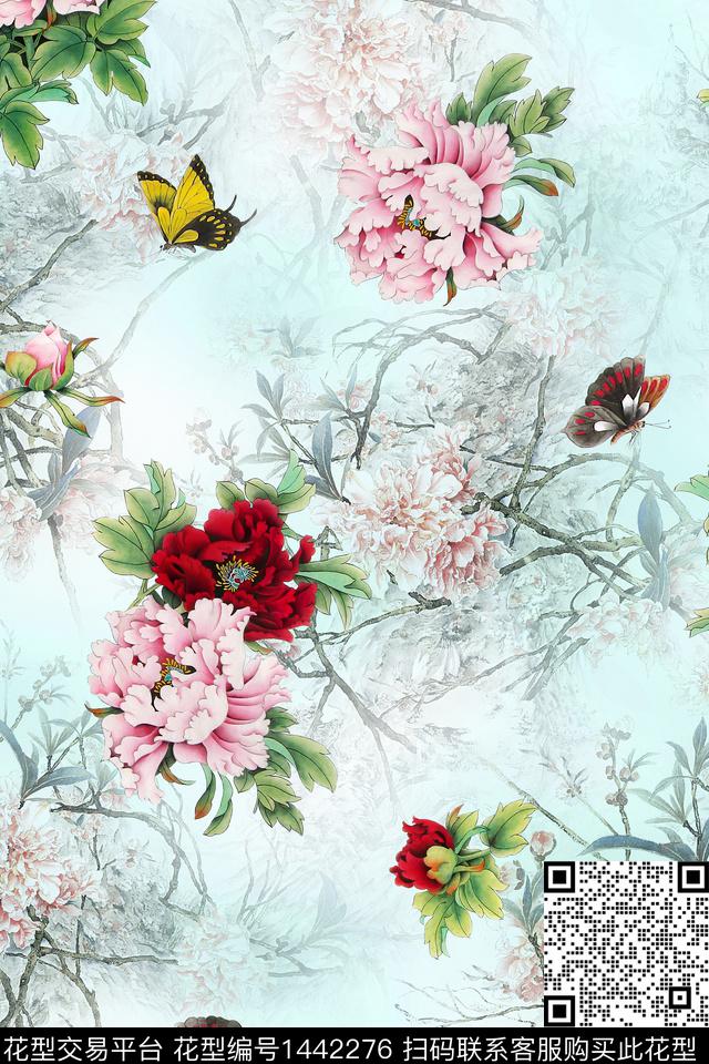 水墨风花卉牡丹数码印花华亿平台下载（图片编号: 1442276） - 瓦栏（Walan）