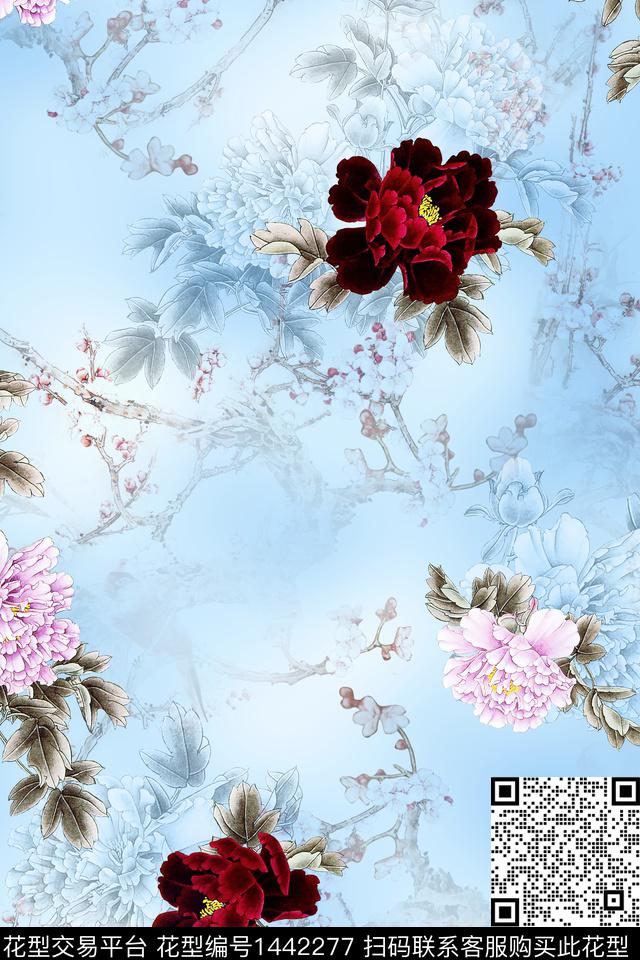 梅花水墨风花卉数码印花华亿平台下载（图片编号: 1442277） - 瓦栏（Walan）