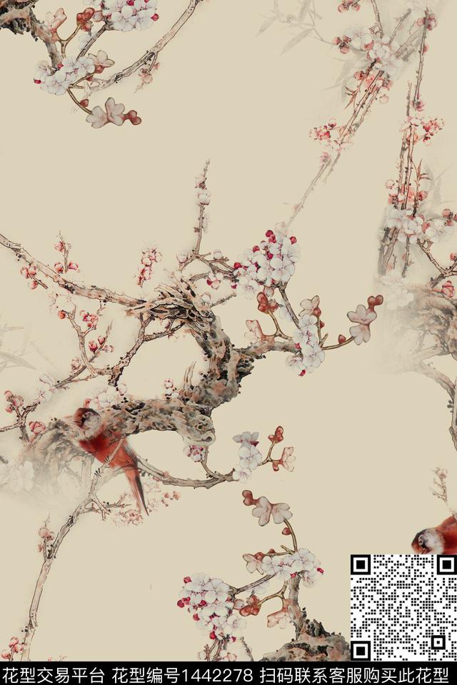 花鸟梅花水墨风数码印花华亿平台下载（图片编号: 1442278） - 瓦栏（Walan）