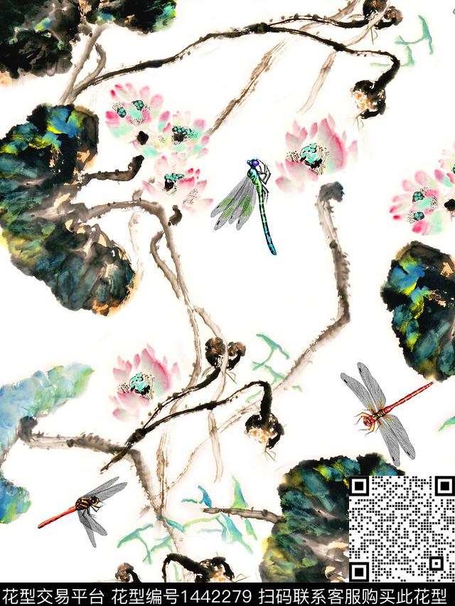 绿植树叶荷花水墨风数码印花华亿平台下载（图片编号: 1442279） - 瓦栏（Walan）