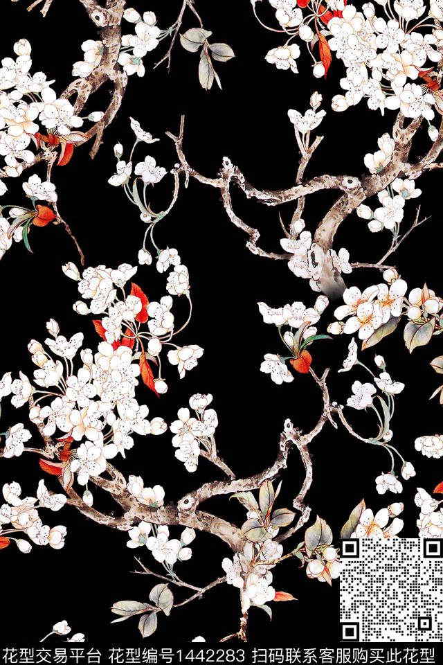 花鸟梅花水墨风数码印花华亿平台下载（图片编号: 1442283） - 瓦栏（Walan）