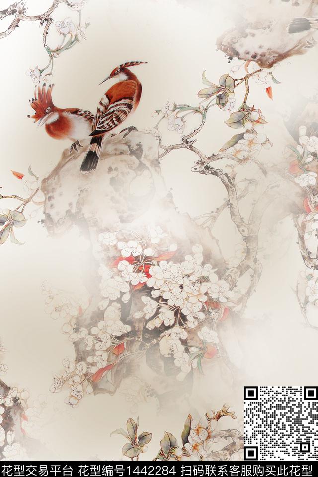 花鸟梅花水墨风数码印花华亿平台下载（图片编号: 1442284） - 瓦栏（Walan）