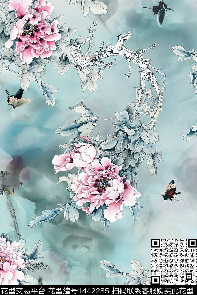 水墨风花卉牡丹数码印花华亿平台下载（图片编号: 1442285） - 瓦栏（Walan）