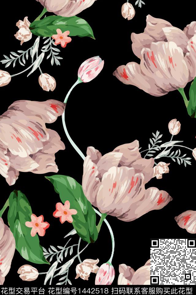 时尚黑底花卉数码华亿平台数码印花华亿平台下载（图片编号: 1442518） - 瓦栏（Walan）