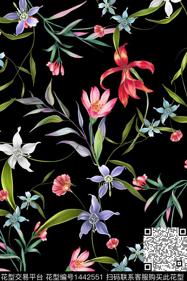 黑底花卉清爽底花卉花卉数码印花华亿平台下载（图片编号: 1442551） - 瓦栏（Walan）