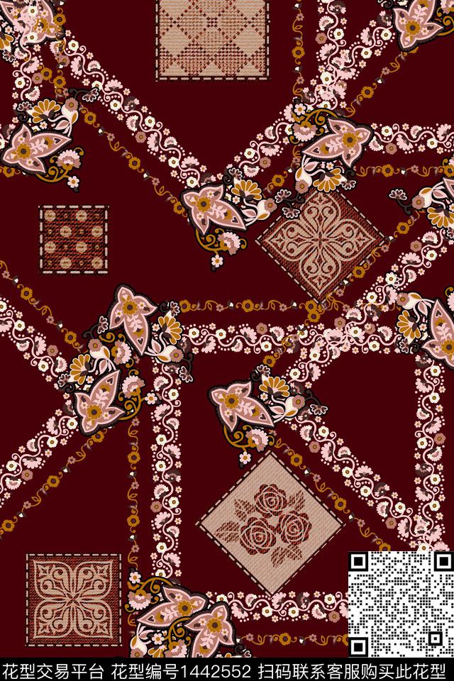 几何佩斯利民族风数码印花华亿平台下载（图片编号: 1442552） - 瓦栏（Walan）