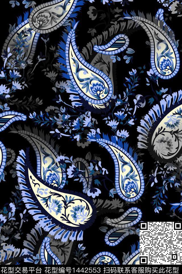 佩斯利民族风香云纱数码印花华亿平台下载（图片编号: 1442553） - 瓦栏（Walan）