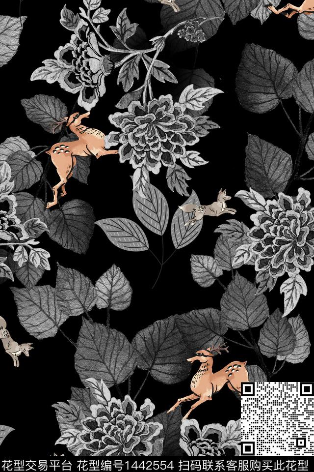 动物花卉花卉香云纱数码印花华亿平台下载（图片编号: 1442554） - 瓦栏（Walan）