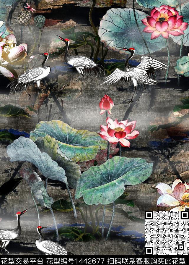 荷花仙鹤香云纱数码印花华亿平台下载（图片编号: 1442677） - 瓦栏（Walan）