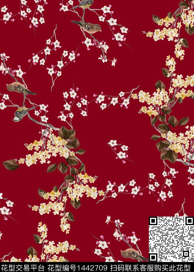 鸟小碎花大红底数码印花华亿平台下载（图片编号: 1442709） - 瓦栏（Walan）