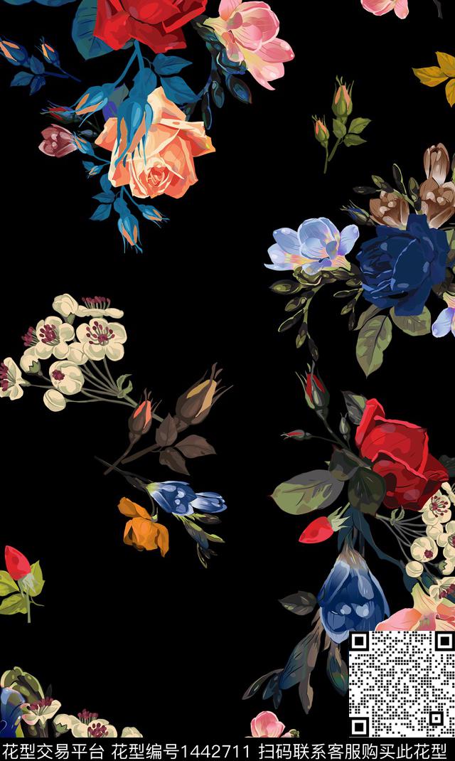花卉玫瑰花黑底花卉数码印花华亿平台下载（图片编号: 1442711） - 瓦栏（Walan）