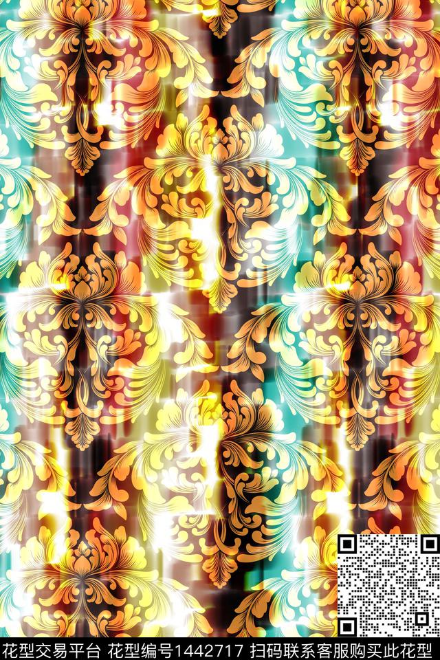 扎染华亿平台民族风大马士革纹数码印花华亿平台下载（图片编号: 1442717） - 瓦栏（Walan）