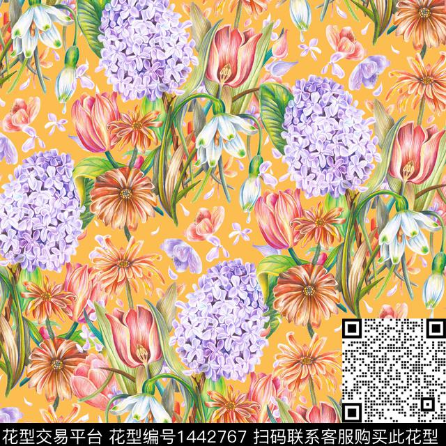 手绘花卉审年轻女性数码印花华亿平台下载（图片编号: 1442767） - 瓦栏（Walan）
