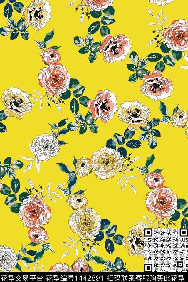 花卉纯底花朵清爽花卉数码印花华亿平台下载（图片编号: 1442891） - 瓦栏（Walan）