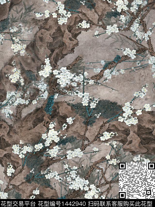 梅花水墨风民族风数码印花华亿平台下载（图片编号: 1442940） - 瓦栏（Walan）