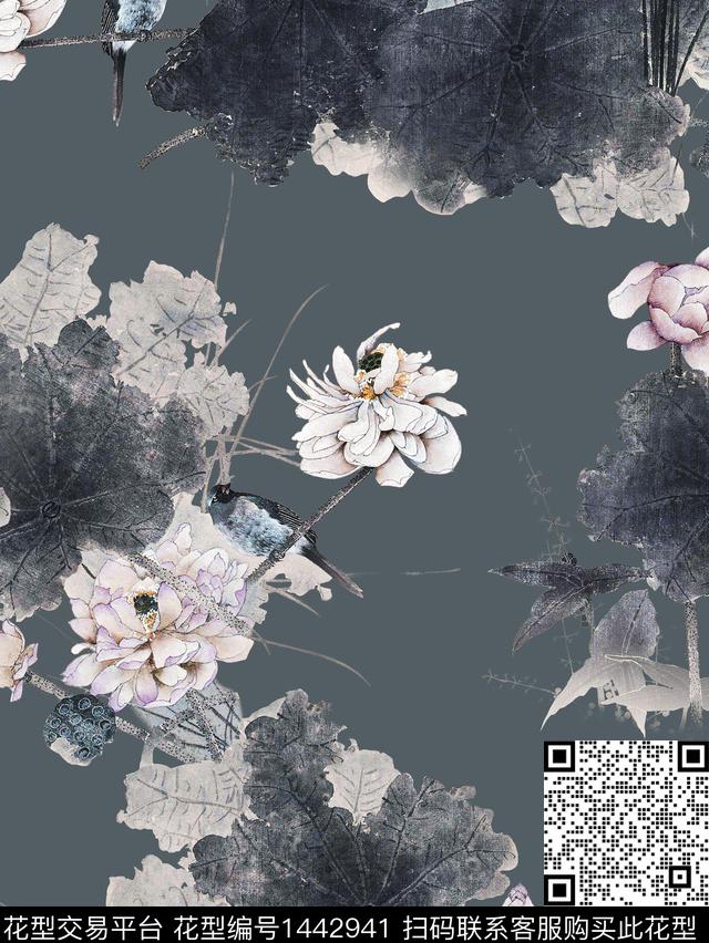 花鸟荷花水墨风数码印花华亿平台下载（图片编号: 1442941） - 瓦栏（Walan）