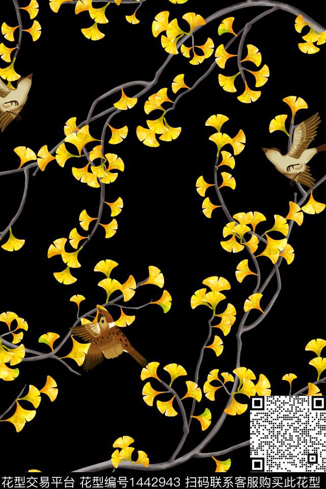 花鸟树枝绿植树叶数码印花华亿平台下载（图片编号: 1442943） - 瓦栏（Walan）