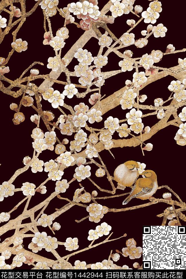 花鸟梅花民族风数码印花华亿平台下载（图片编号: 1442944） - 瓦栏（Walan）