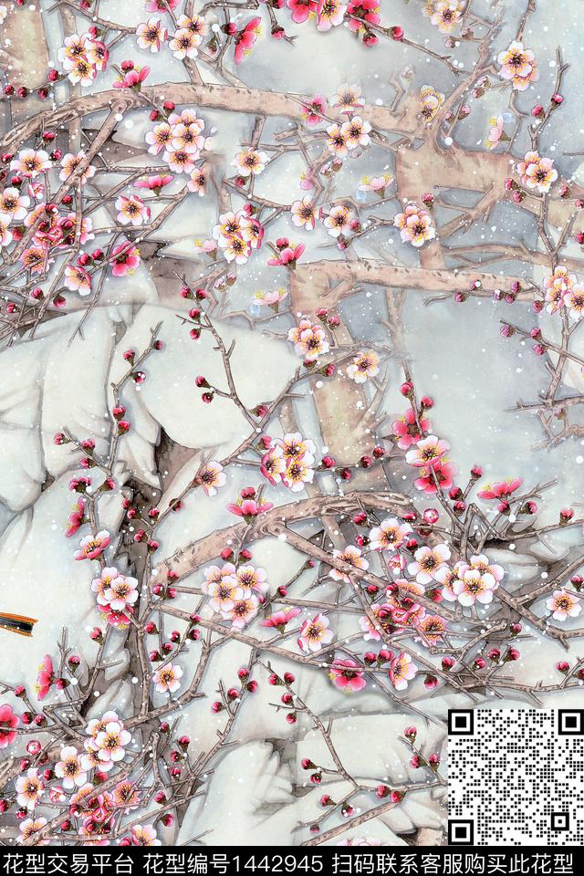 花鸟梅花水墨风数码印花华亿平台下载（图片编号: 1442945） - 瓦栏（Walan）