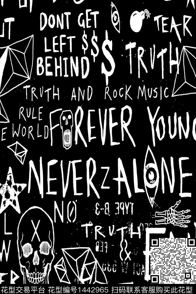 黑底花卉字母黑白华亿平台数码印花华亿平台下载（图片编号: 1442965） - 瓦栏（Walan）