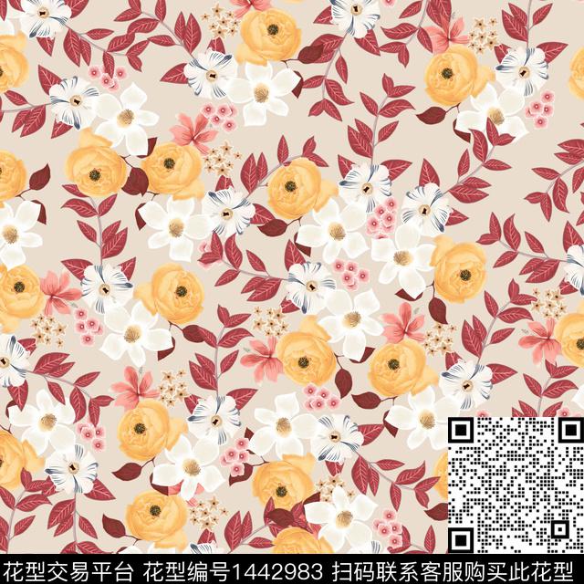 花卉满版散花传统华亿平台数码印花华亿平台下载（图片编号: 1442983） - 瓦栏（Walan）