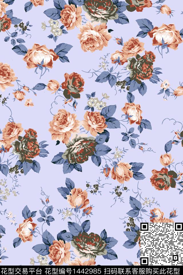 花卉满版散花传统华亿平台数码印花华亿平台下载（图片编号: 1442985） - 瓦栏（Walan）