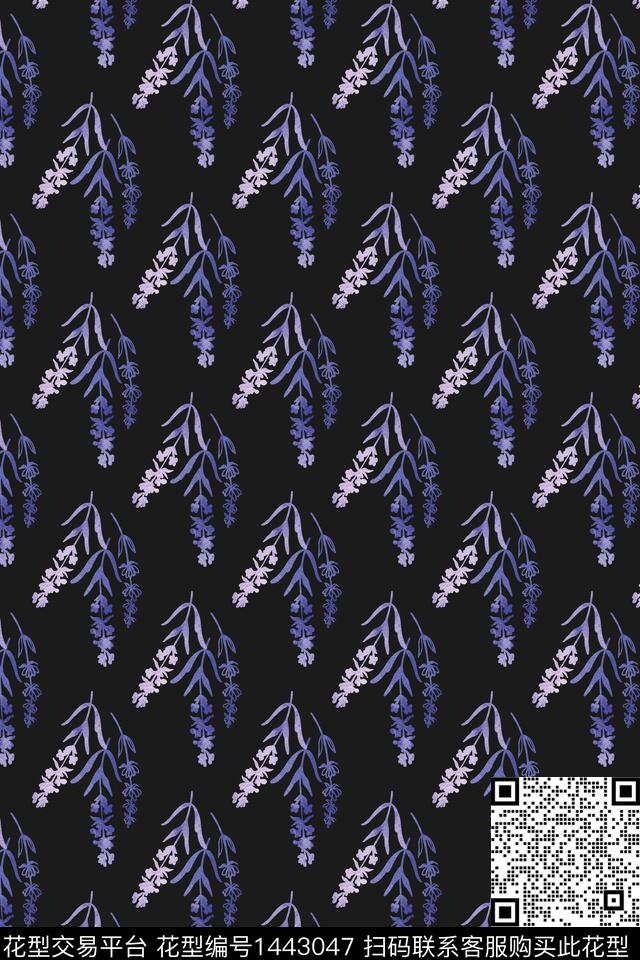 黑底花卉小碎花绿植树叶数码印花华亿平台下载（图片编号: 1443047） - 瓦栏（Walan）