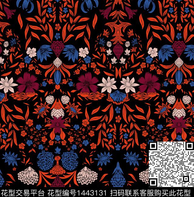民族风花卉黑底花卉数码印花华亿平台下载（图片编号: 1443131） - 瓦栏（Walan）