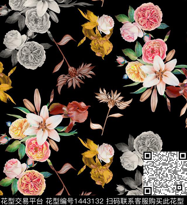 花卉百合黑底花卉数码印花华亿平台下载（图片编号: 1443132） - 瓦栏（Walan）