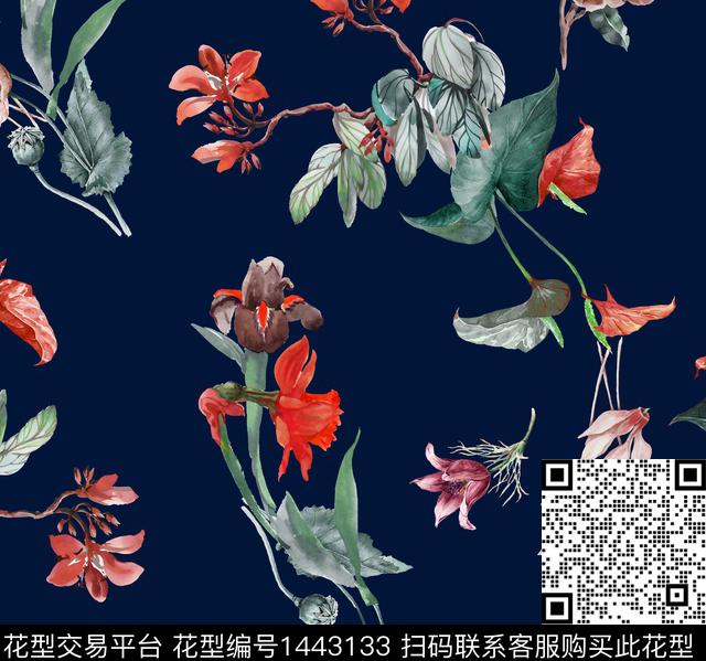 水彩花卉老蓝底数码印花华亿平台下载（图片编号: 1443133） - 瓦栏（Walan）