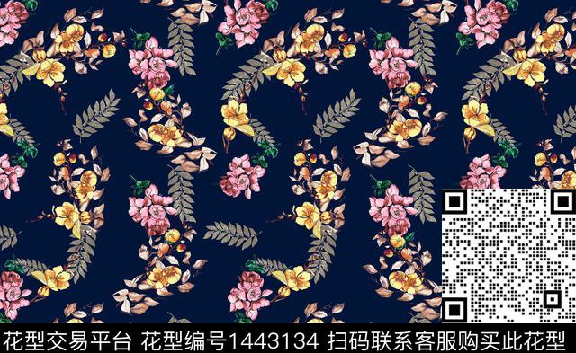 水彩花卉老蓝底数码印花华亿平台下载（图片编号: 1443134） - 瓦栏（Walan）
