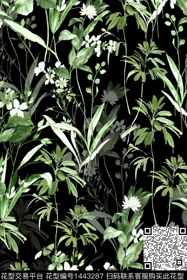 时尚真丝绿植树叶数码印花华亿平台下载（图片编号: 1443287） - 瓦栏（Walan）