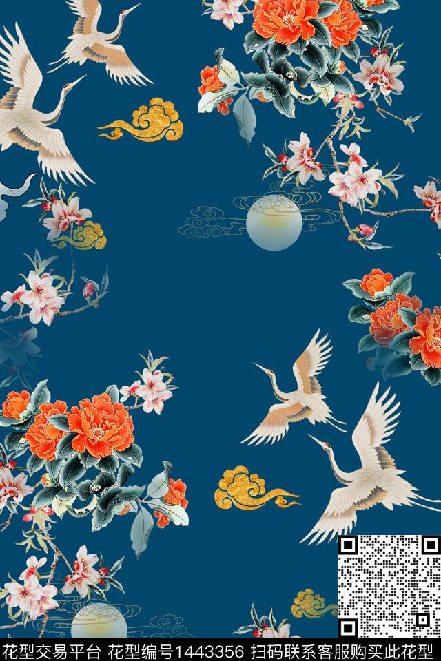 茶花仙鹤香云纱数码印花华亿平台下载（图片编号: 1443356） - 瓦栏（Walan）