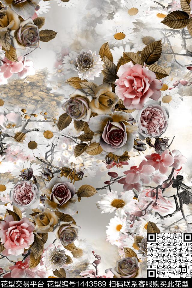 时尚花卉真丝数码印花华亿平台下载（图片编号: 1443589） - 瓦栏（Walan）
