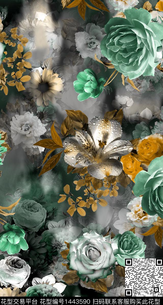 时尚花卉真丝数码印花华亿平台下载（图片编号: 1443590） - 瓦栏（Walan）