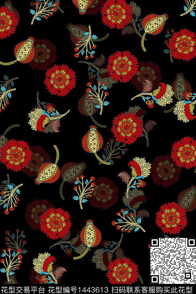 黑底花卉传统纹样香云纱传统印花华亿平台下载（图片编号: 1443613） - 瓦栏（Walan）