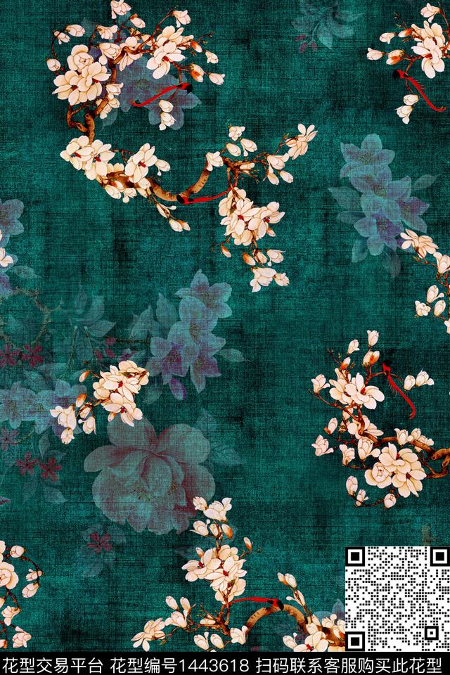 绿植树叶肌理香云纱数码印花华亿平台下载（图片编号: 1443618） - 瓦栏（Walan）