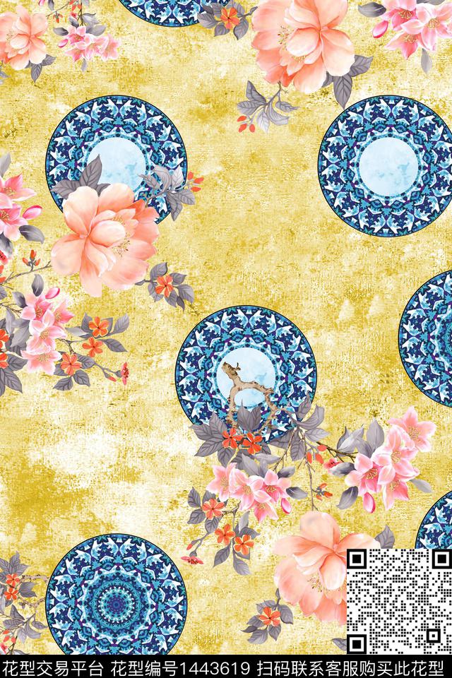 水彩传统纹样清爽底花卉数码印花华亿平台下载（图片编号: 1443619） - 瓦栏（Walan）