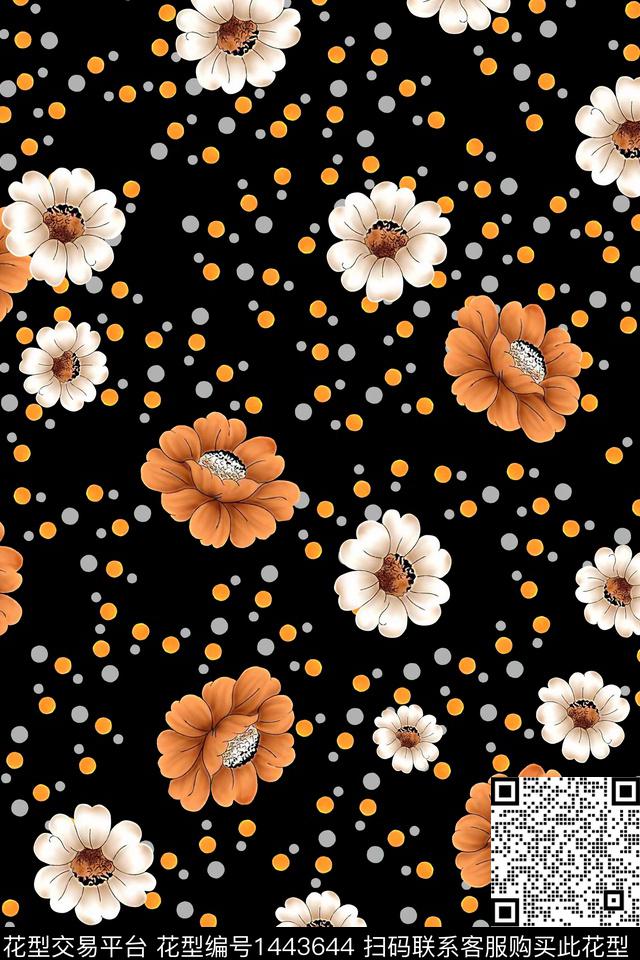 黑底花卉几何大牌风数码印花华亿平台下载（图片编号: 1443644） - 瓦栏（Walan）