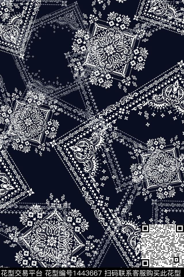 几何定位黑底花卉传统纹样传统印花华亿平台下载（图片编号: 1443667） - 瓦栏（Walan）