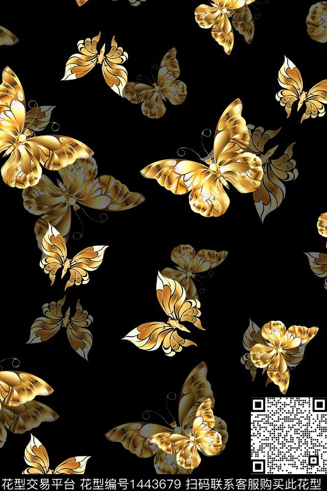 花卉蝴蝶黑底花卉大牌风数码印花华亿平台下载（图片编号: 1443679） - 瓦栏（Walan）