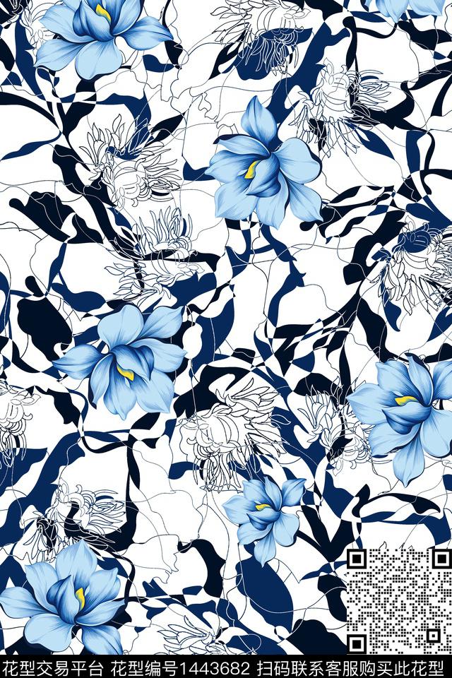 线条画绿植树叶几何数码印花华亿平台下载（图片编号: 1443682） - 瓦栏（Walan）