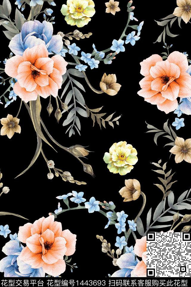绿植树叶黑底花卉水彩数码印花华亿平台下载（图片编号: 1443693） - 瓦栏（Walan）