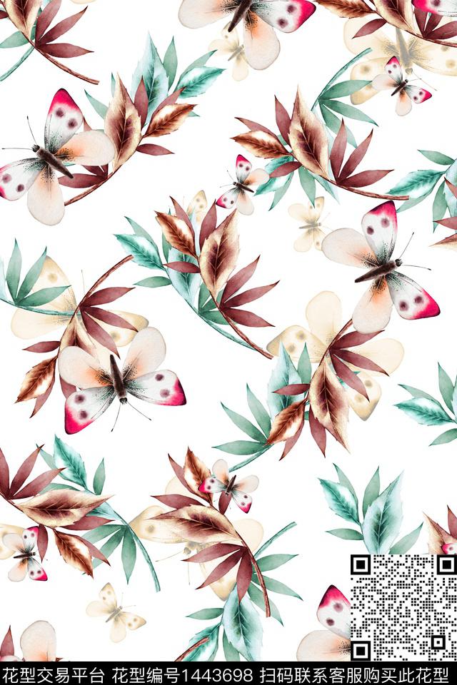 花卉蝴蝶水彩小清新数码印花华亿平台下载（图片编号: 1443698） - 瓦栏（Walan）