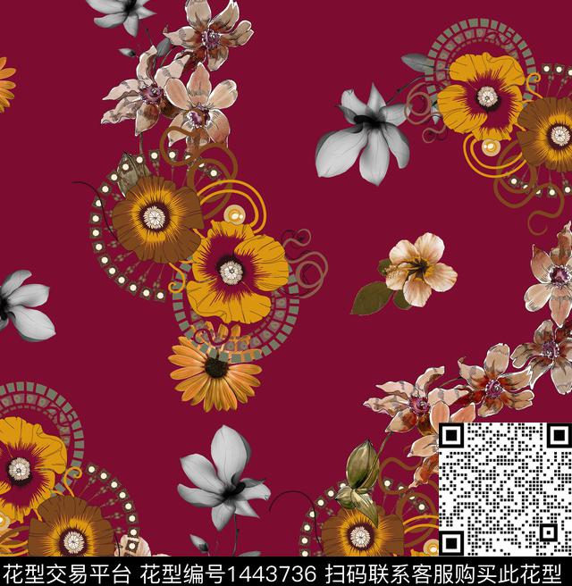 花卉手绘酒红底数码印花华亿平台下载（图片编号: 1443736） - 瓦栏（Walan）